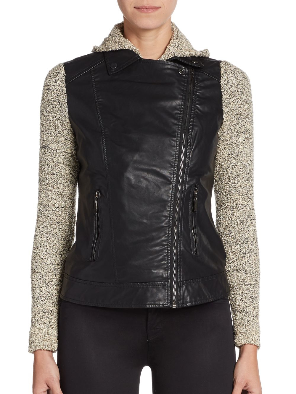 Saks Fifth Avenue Knit Paneled Faux Leather Moto Jacket In Black Gallery