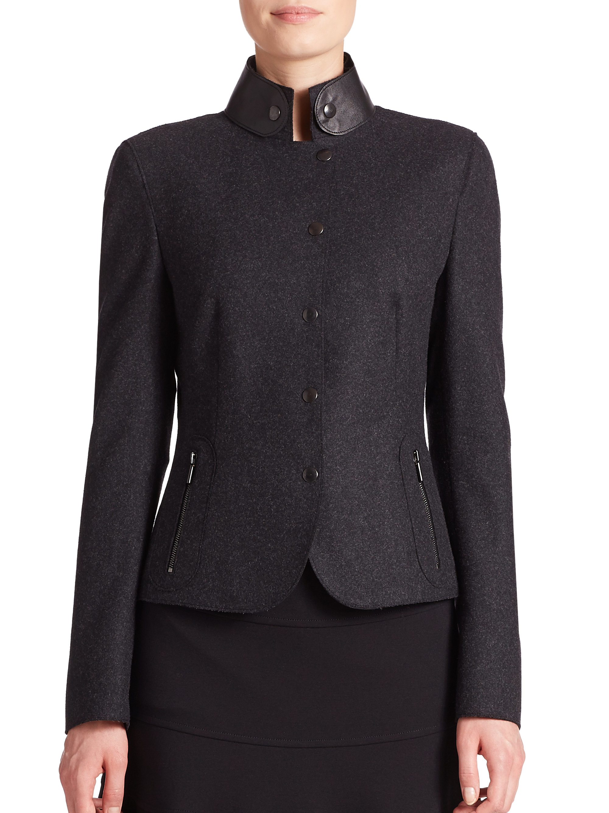 Lyst - Akris Punto Leather-collar Snap-front Jacket in Black
