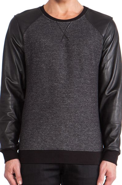 Lot78 Leather Sleeve Sweatshirt in Black for Men | Lyst