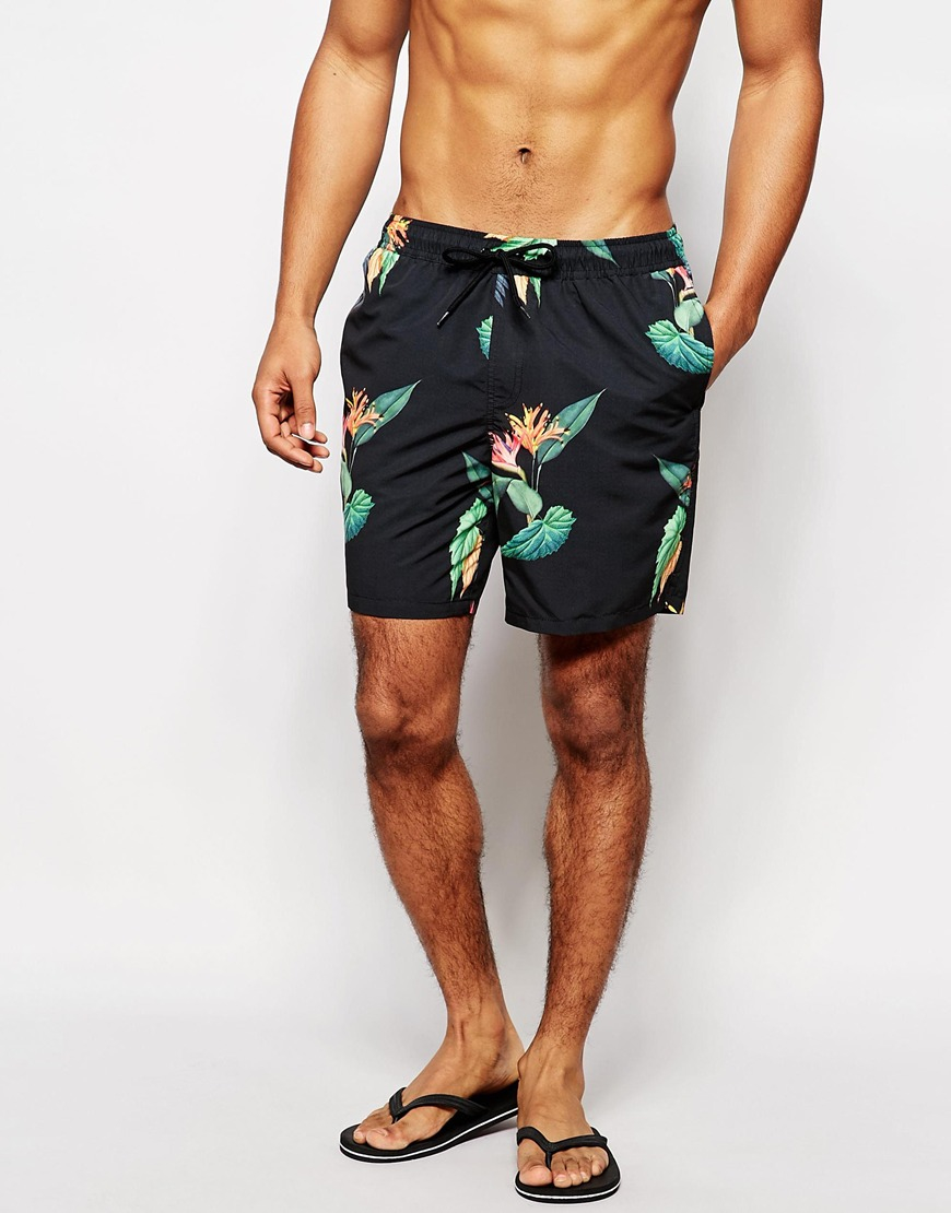 Lyst Asos Swim Shorts With Tropical Floral Print In Mid Length Black In Black For Men 