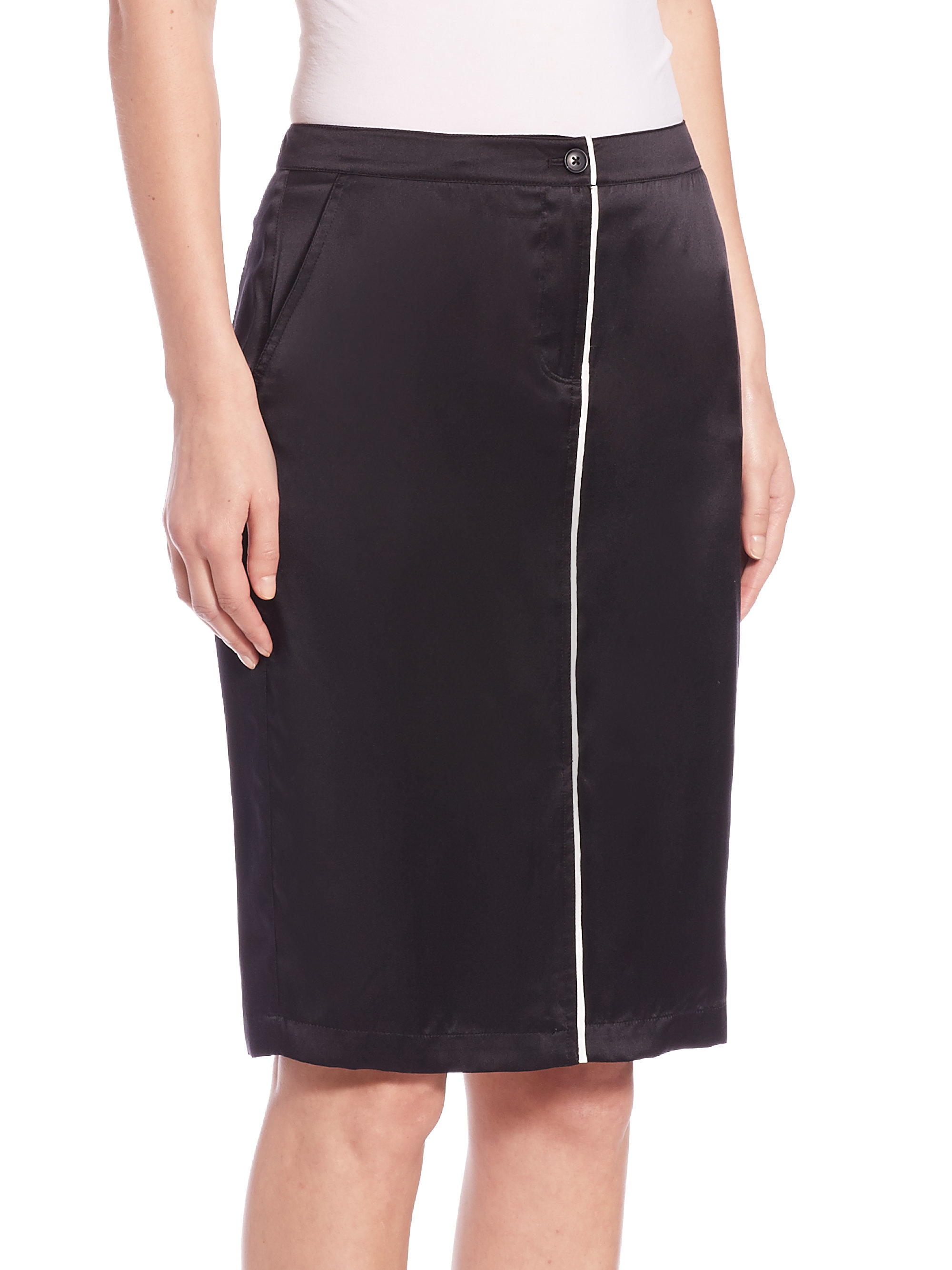 Lyst - Atm Piped Silk Satin Pencil Skirt in Black