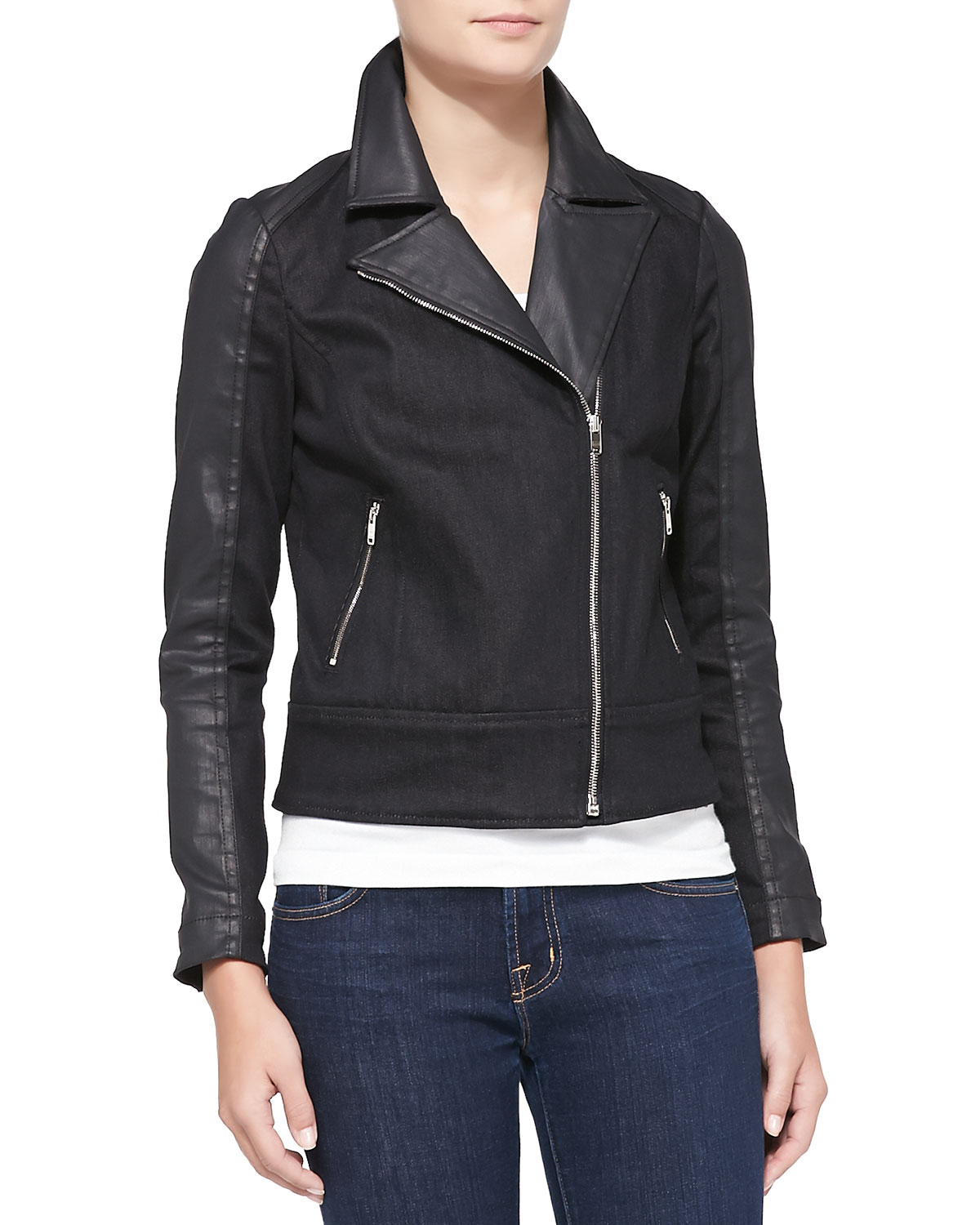 7 for all mankind Mixed-Fabric Moto Jacket in Blue (JEATHER/BLK DENIM ...