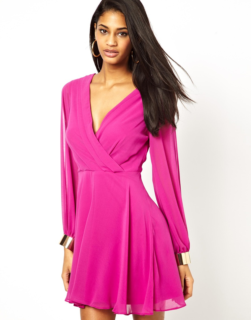 Lyst - Asos Gold Cuff Pleat Skater Dress in Pink