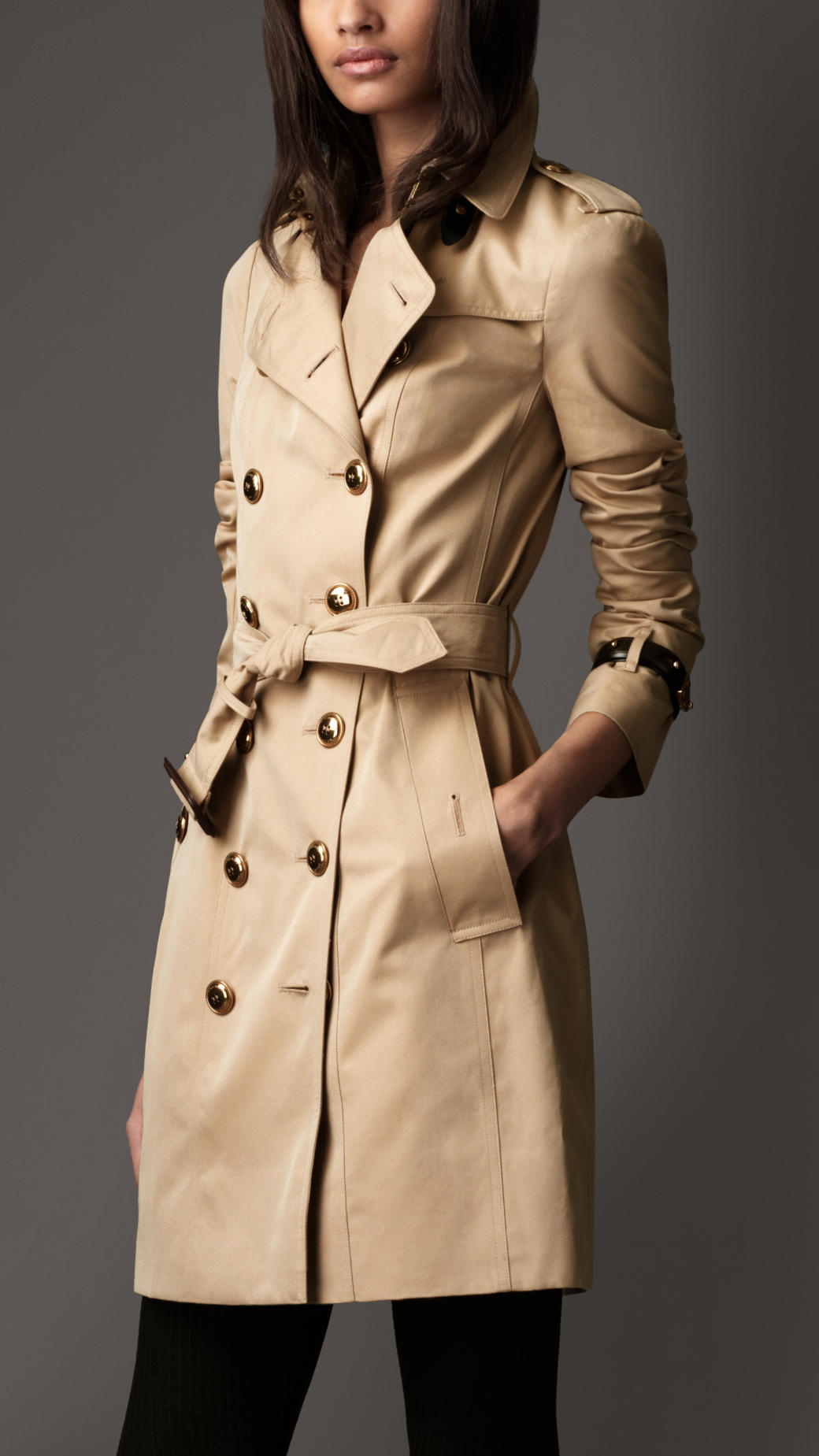 Burberry Long Leather Detail Gabardine Trench Coat in Natural - Lyst