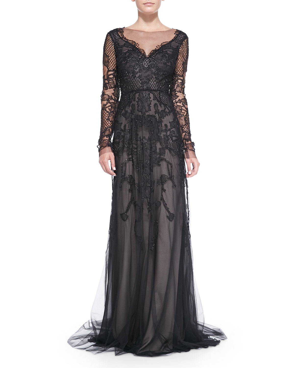 Lyst - Monique lhuillier Long-sleeve Embroidered Lace Gown in Black