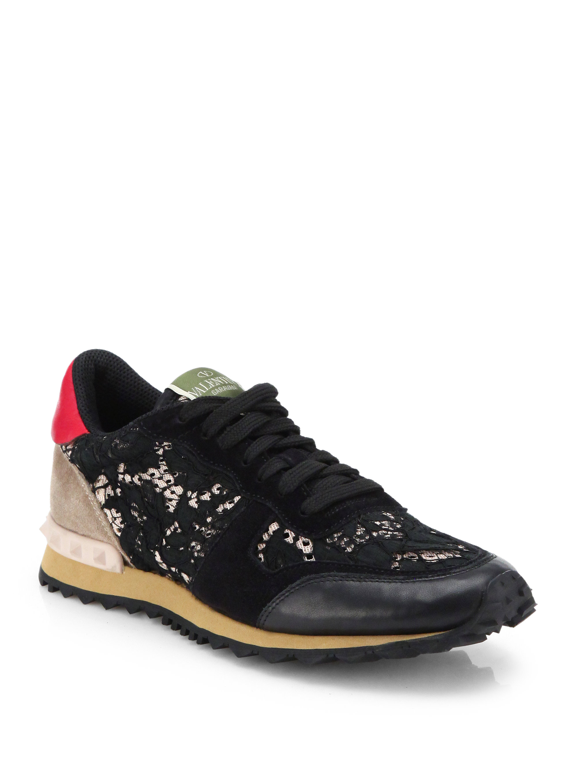 Lyst - Valentino Leather & Lace Sneakers in Black