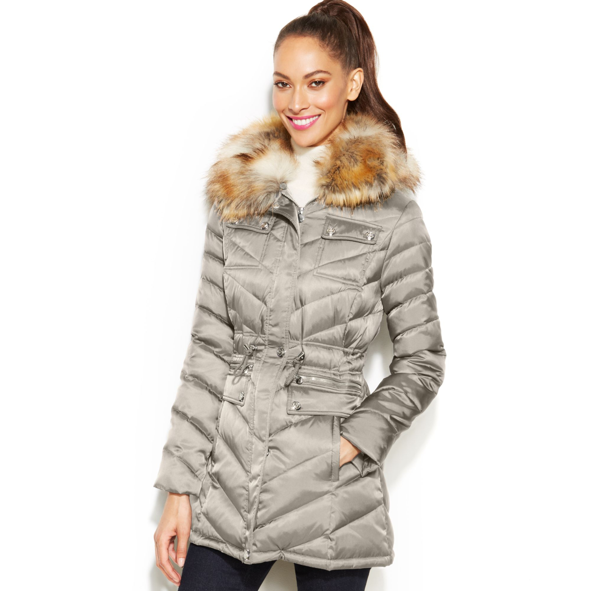 Laundry By Shelli Segal Faux-Fur-Hooded Quilted Puffer Coat in Gray ...