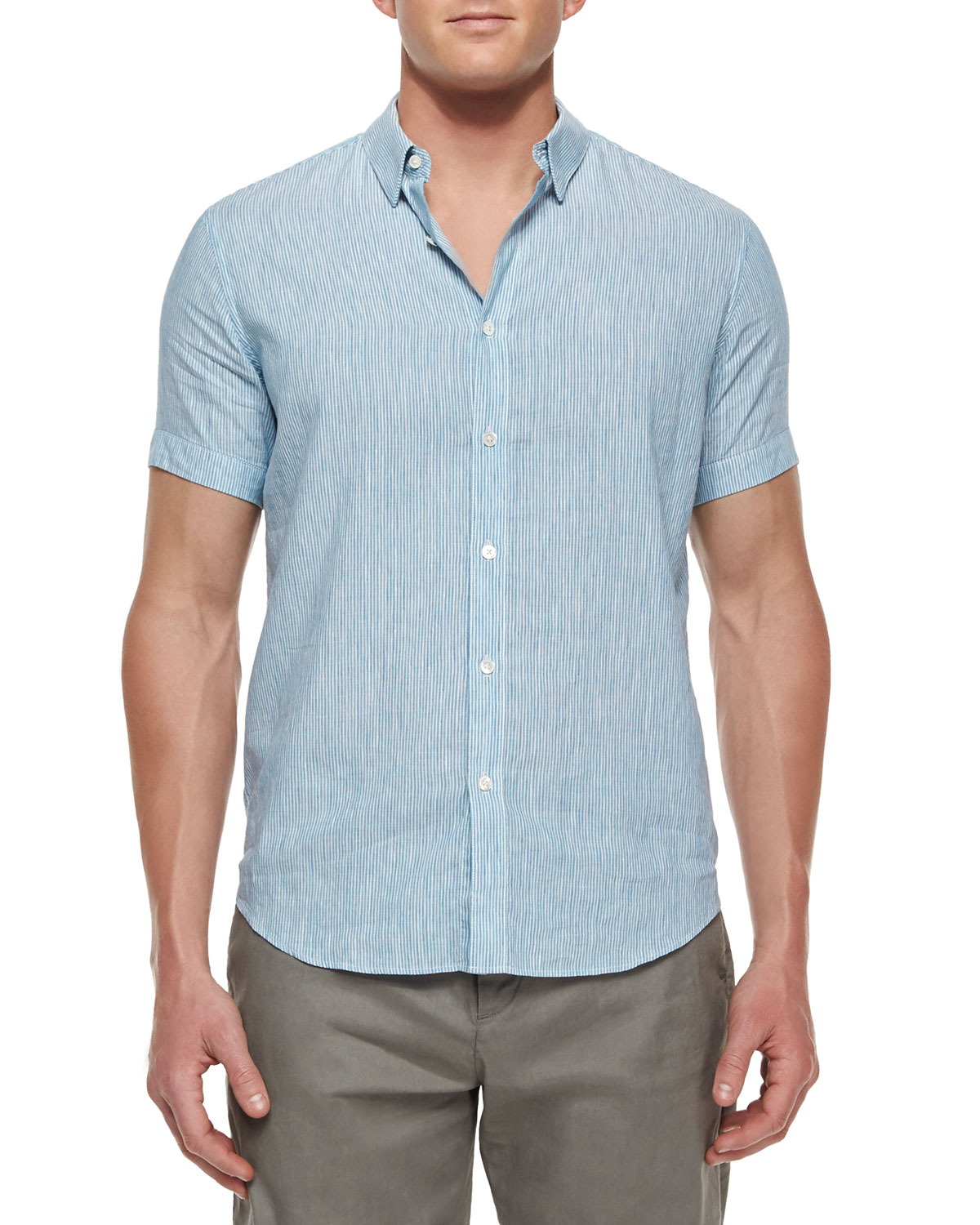 Lyst - Theory Striped Short-sleeve Linen Shirt in Blue for Men