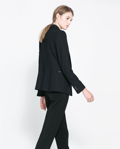 Zara Blazer With Faux Leather Lapel in Black | Lyst