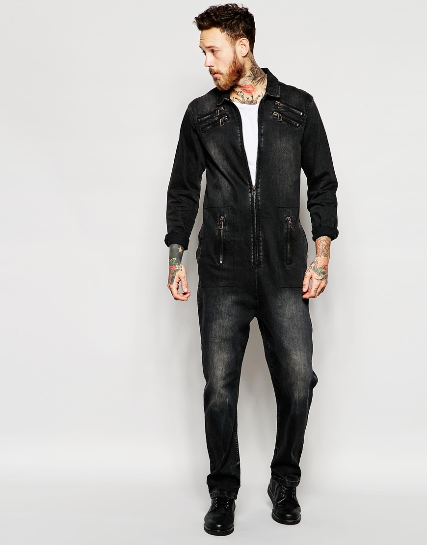 Lyst - Asos Denim Boiler Suit With Zip Details in Black for Men