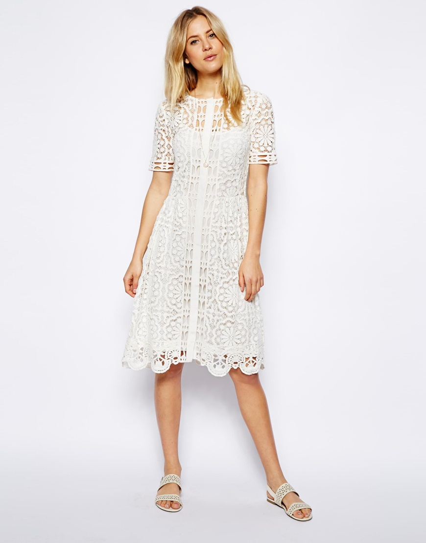 Asos Premium Lace Midi Dress in White | Lyst