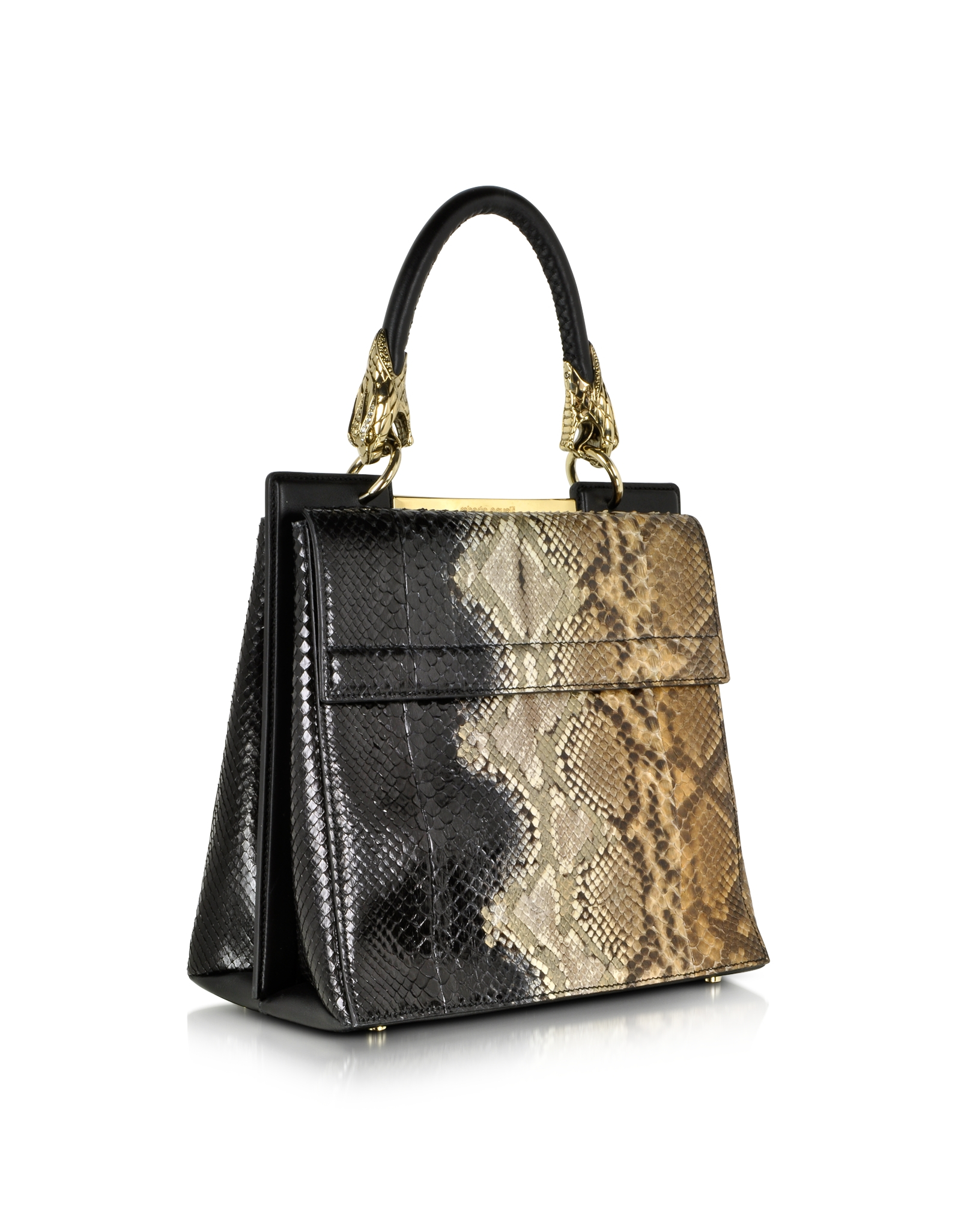 Roberto cavalli Small Black And Sand Python Leather Top Handle Bag in ...