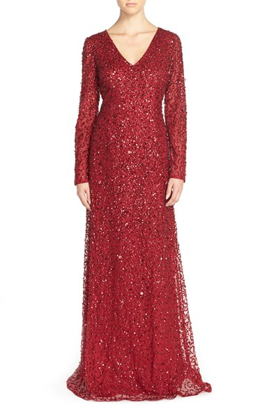 Lyst - Adrianna Papell Long Sleeve Beaded Evening Gown in Red