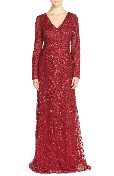 adrianna papell long sleeve beaded gown