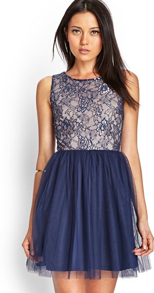 Forever 21 Floral Lace Fit Flare Dress in Blue (NAVY/BLUSH) | Lyst