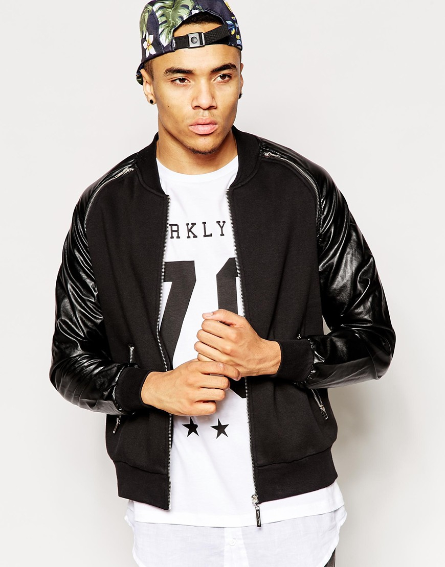 Criminal damage Bomber Jacket With Leather Look Sleeves in Black ...