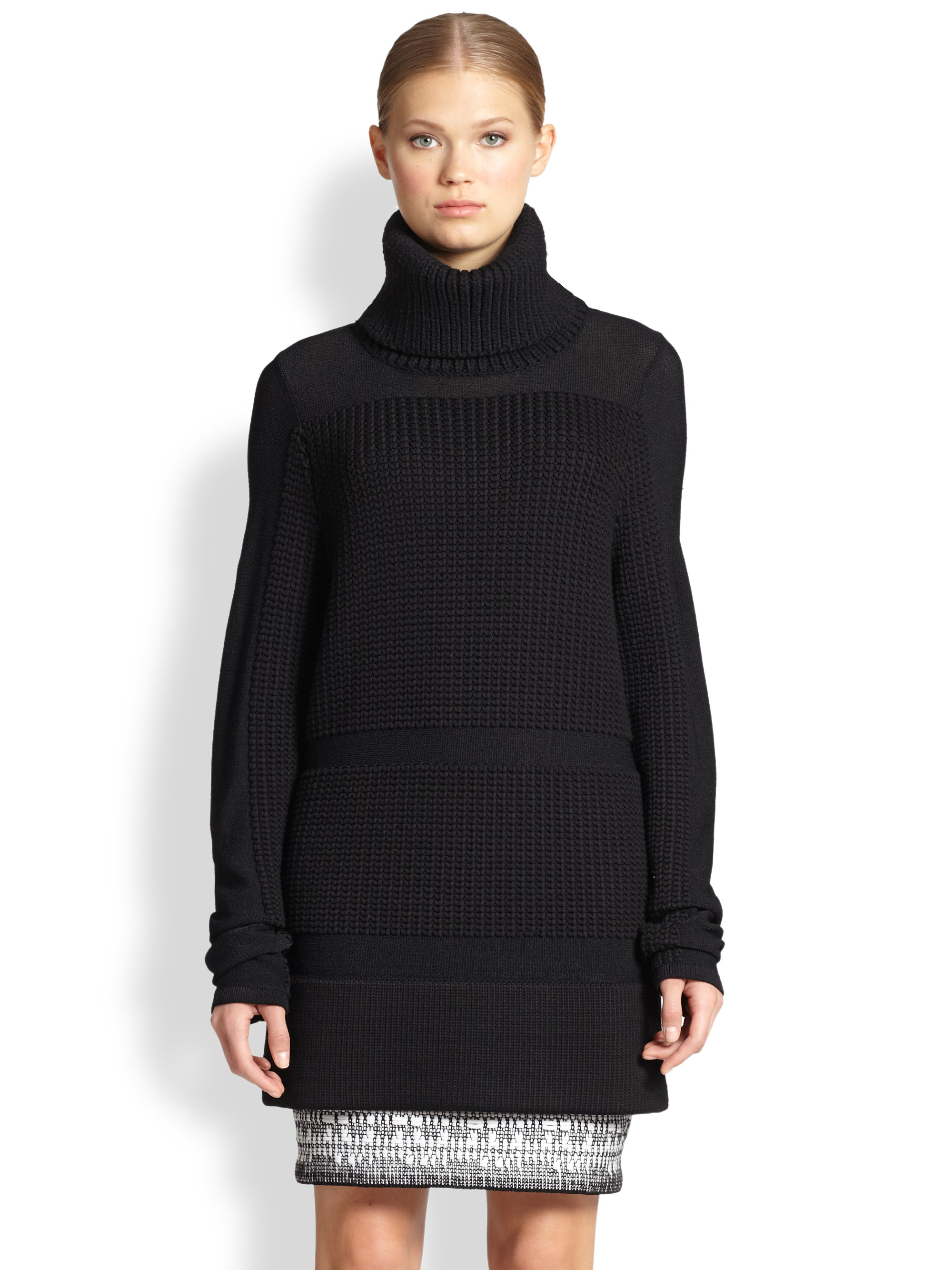 Helmut lang Chunky Knit-Paneled Turtleneck Sweater in Black | Lyst