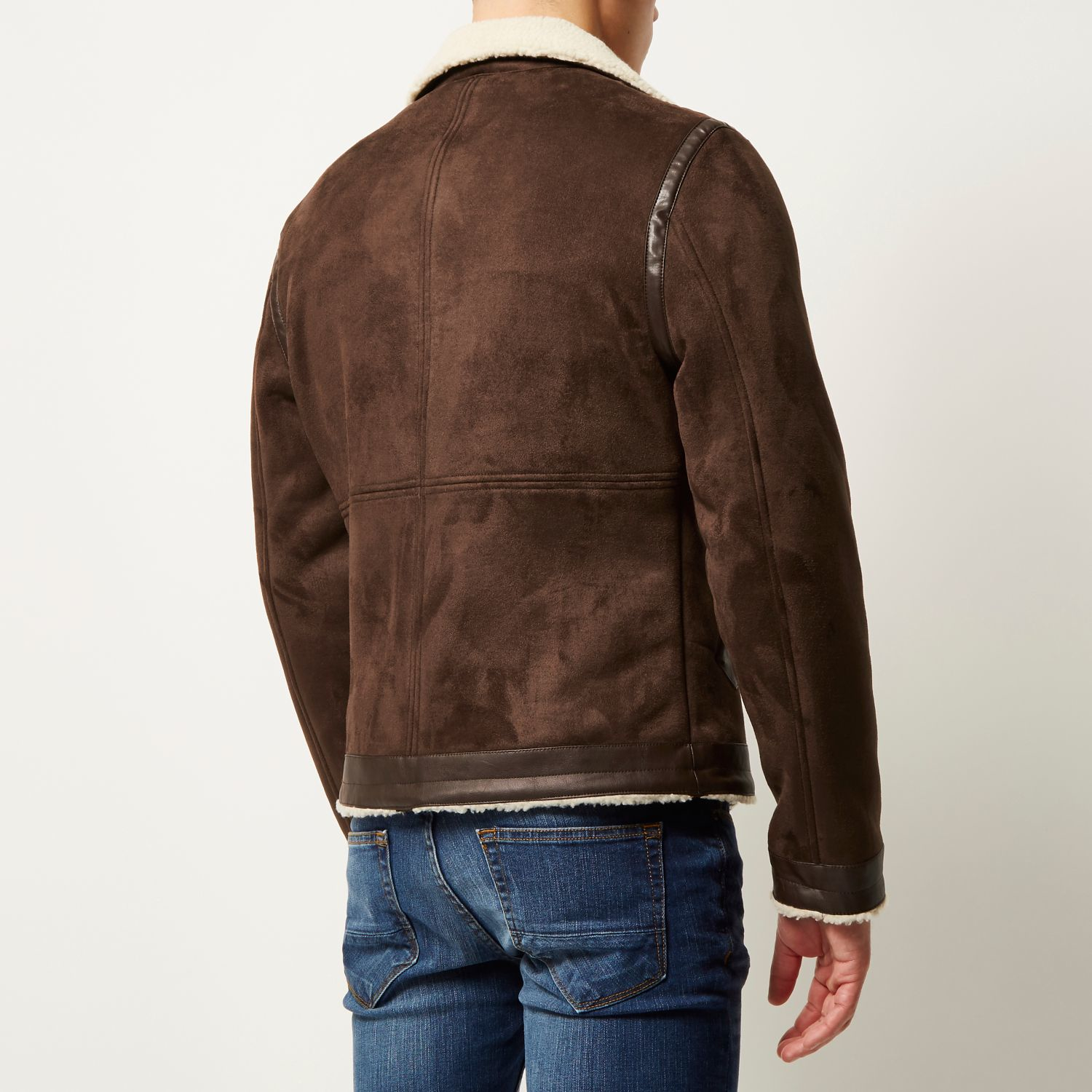River island Brown Faux Suede Borg Jacket in Brown for Men | Lyst