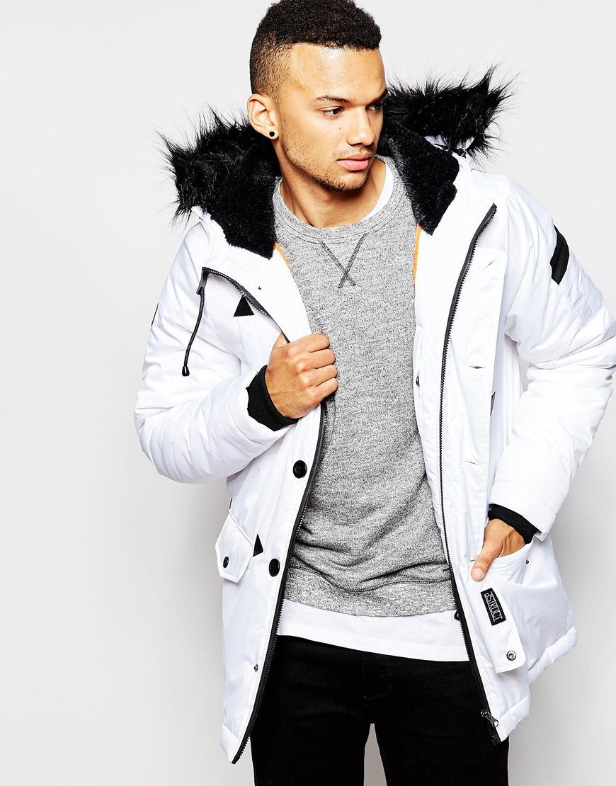 D-struct Coulton Faux Fur Trimmed Parka Jacket in White for Men | Lyst