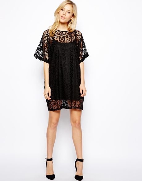 Asos T-Shirt Dress In Lace in Black | Lyst