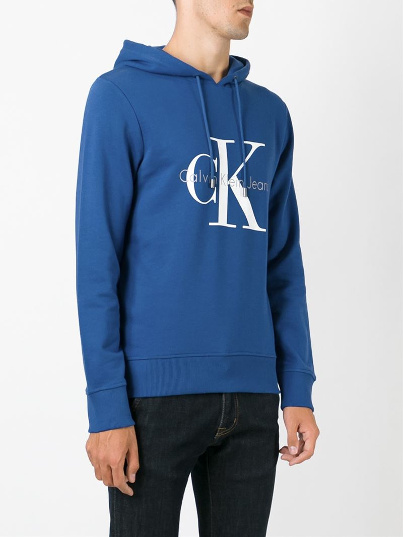 Calvin klein jeans Logo Print Hoodie in Blue for Men | Lyst