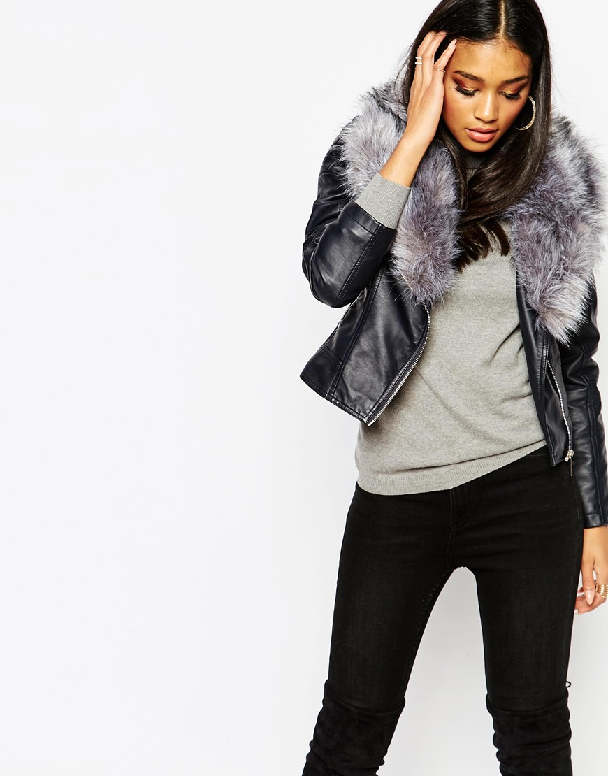 Lipsy Mice Keegan Loves Pu Jacket With Faux Fur Collar In Blue Gallery