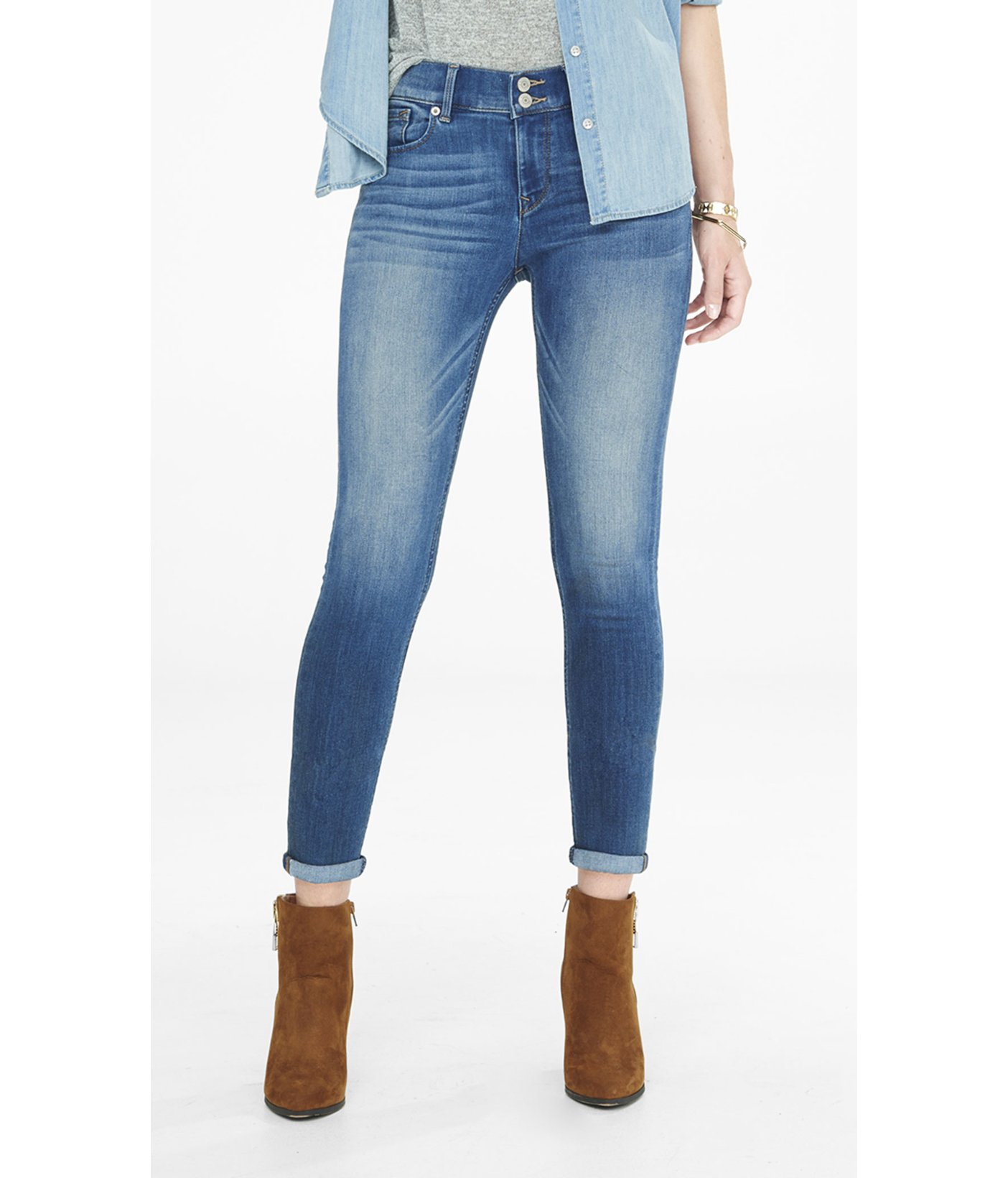 Express Mid Rise Double Shank Cropped Jean Legging in Blue (MEDIUM WASH