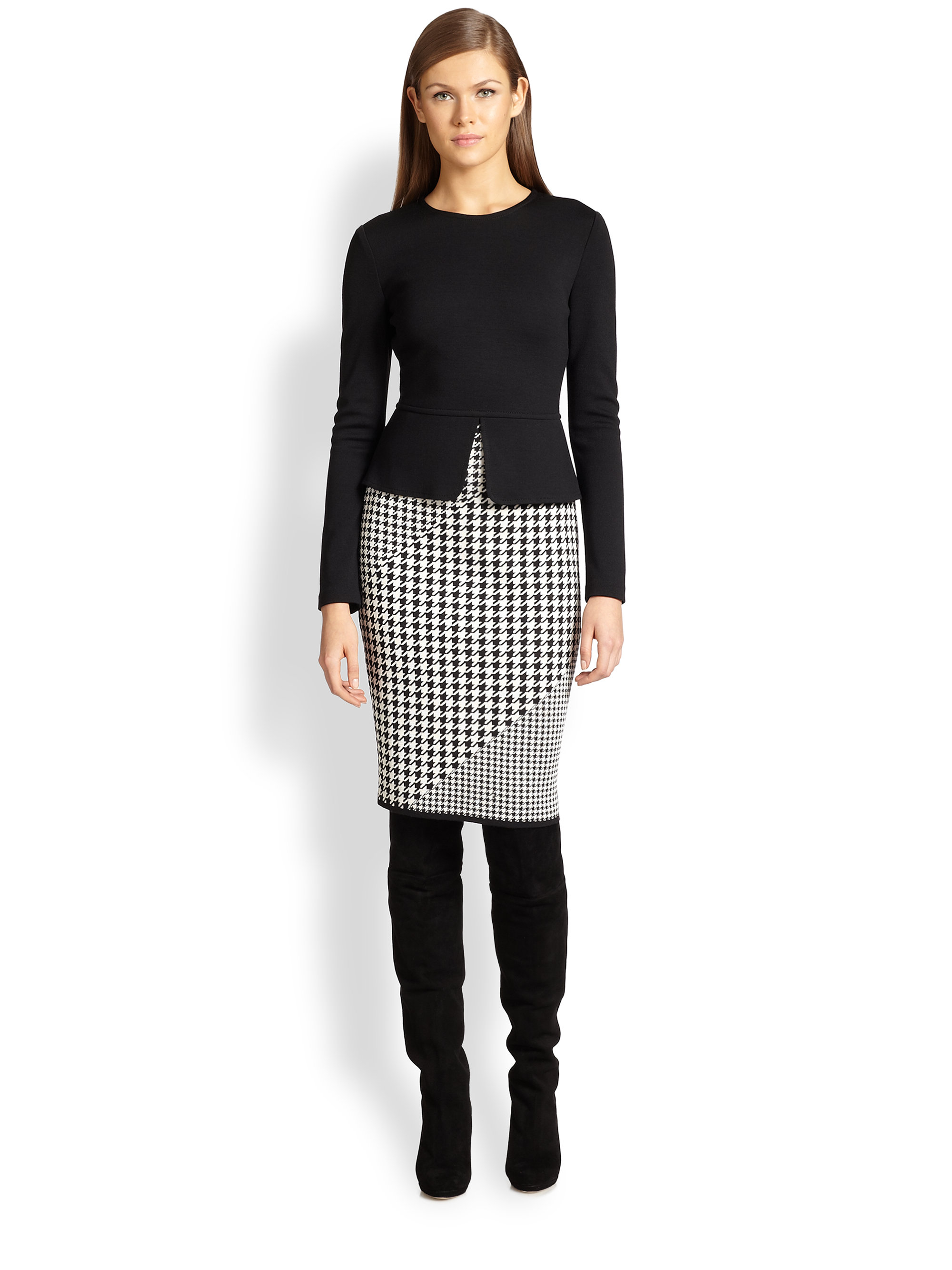 Lyst St. John Milano Knit Houndsooth Combo Peplum Dress in Black