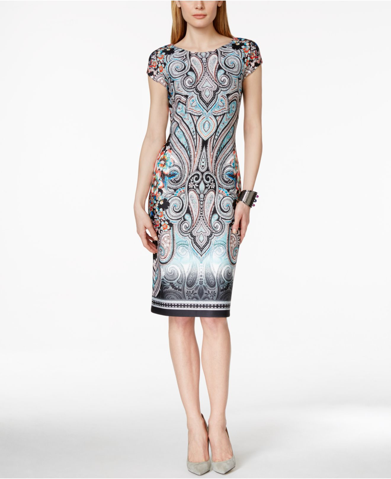 lyst eci cap sleeve printed sheath dress in blue lyst eci cap sleeve printed sheath dress in blue