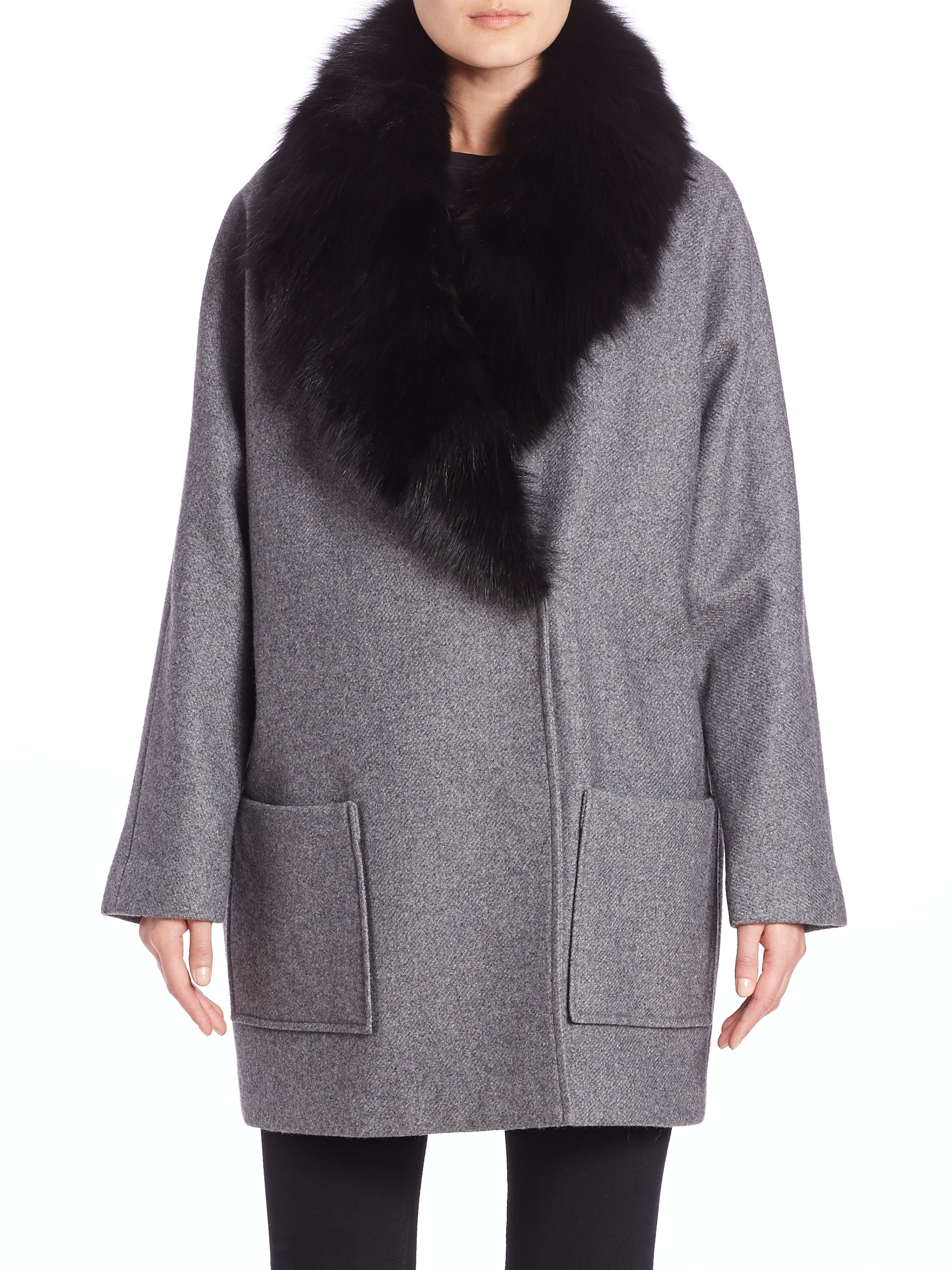Andrew marc Carine Fur-collar Cocoon Coat in Gray | Lyst