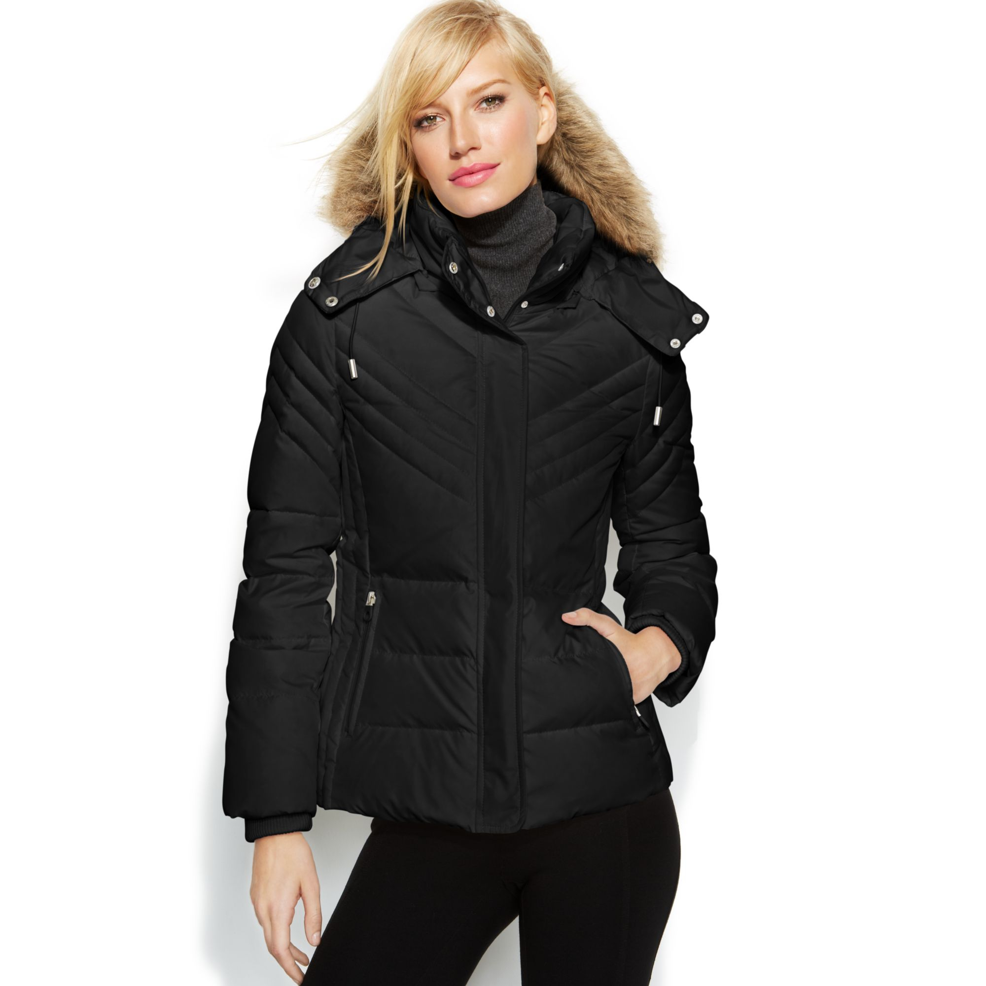 Kenneth Cole Reaction Faux-Fur-Trim Hooded Down Puffer Coat in Black | Lyst