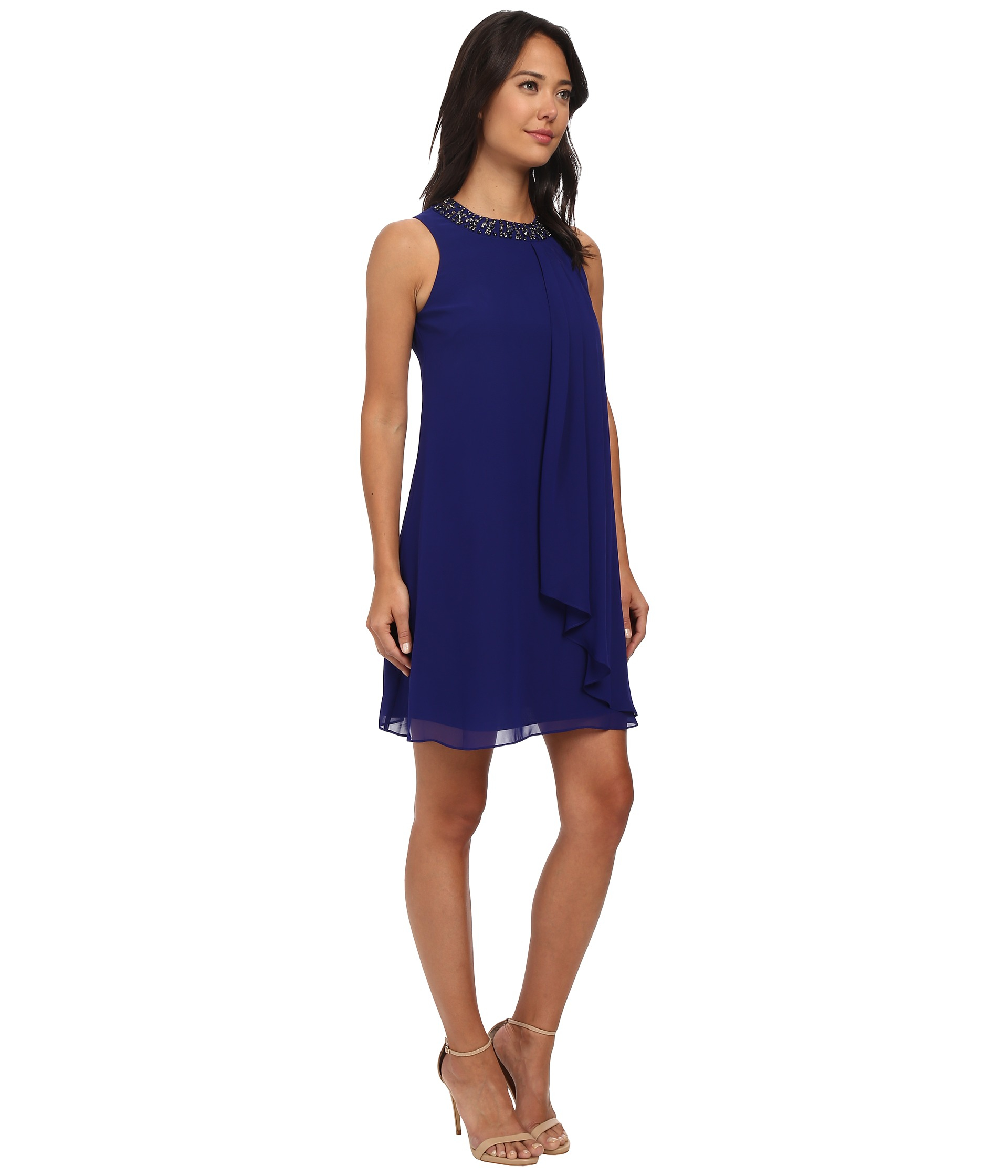 Overlay Keyhole Neckline Royal Blue Chiffon Dress