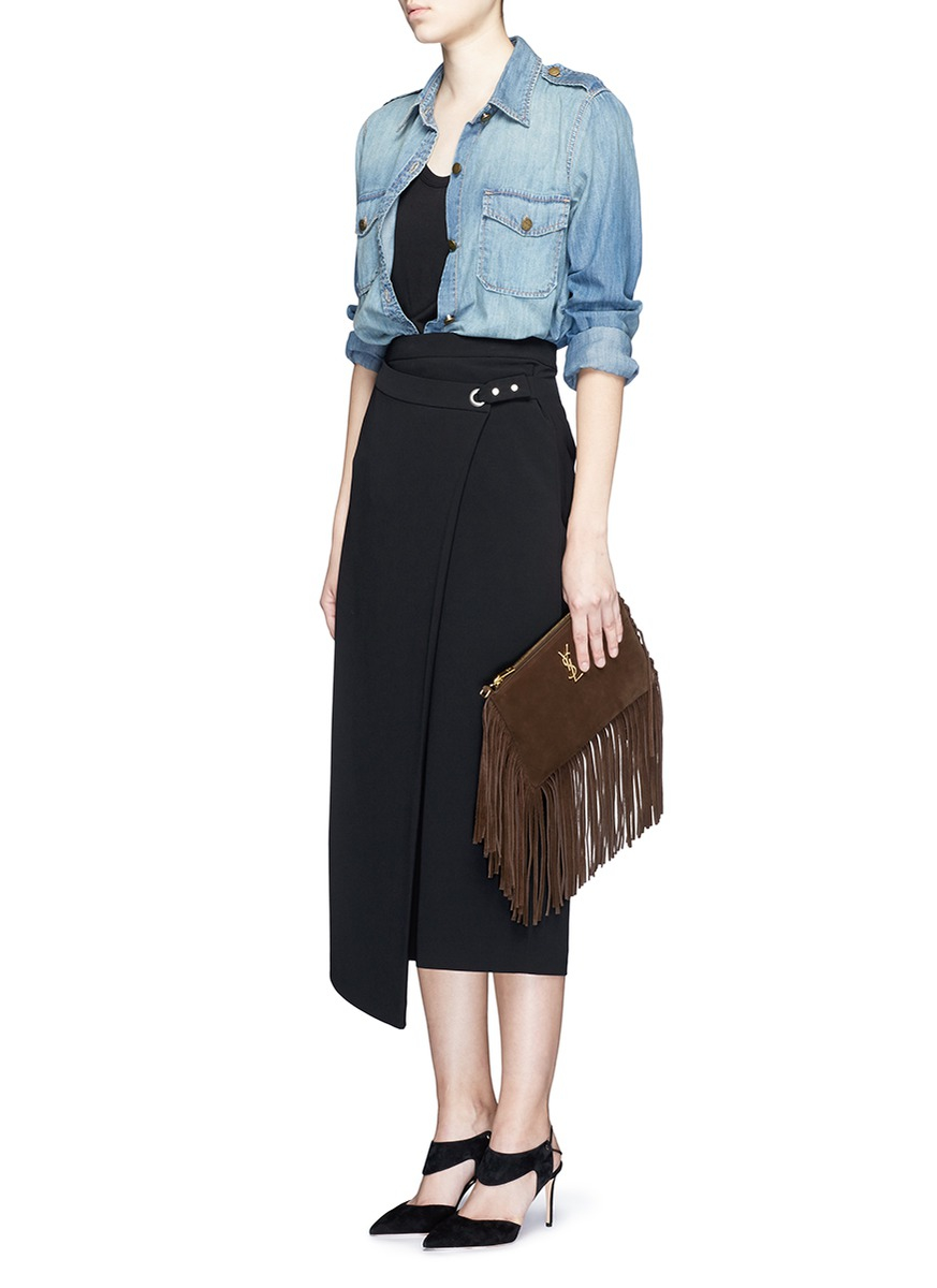 Small Monogram Saint Laurent Fringed Crossbody Bag In Brown Suede, ysl