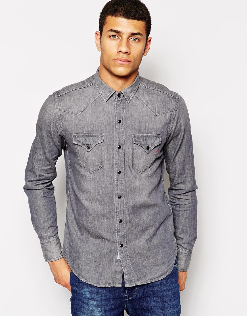 Lyst - Replay Denim Shirt Western Gray Washed Out in Gray for Men