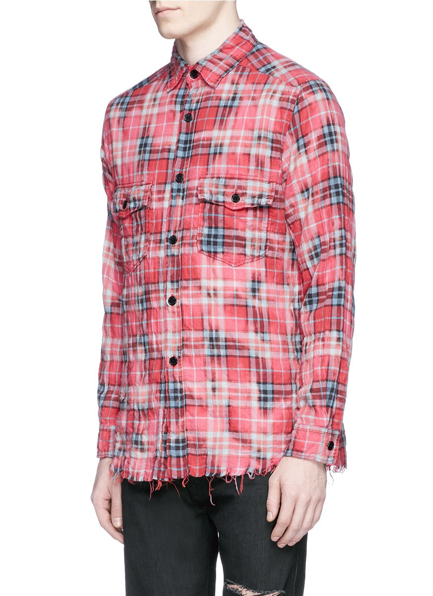 Lyst - Saint Laurent Check Distressed Flannel Shirt in Red for Men