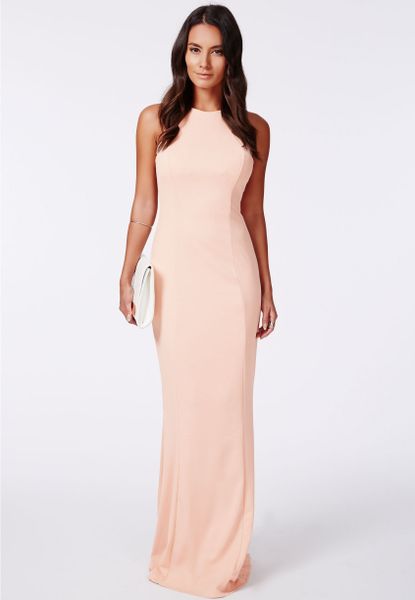 Missguided Crepe High Neck Maxi Dress Nude in Beige (nude)