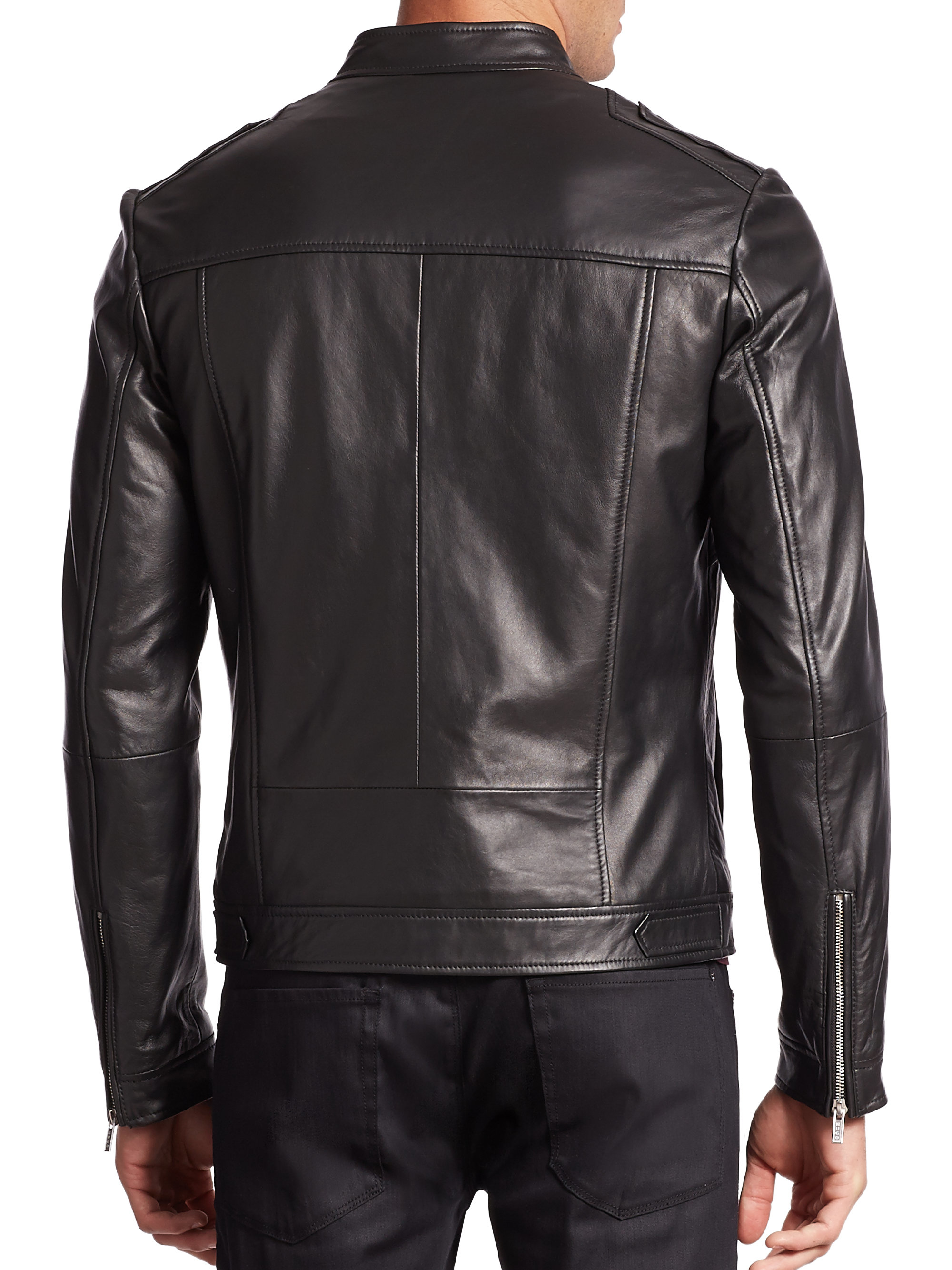 Saks fifth avenue Lanex Leather Biker Jacket in Black for Men | Lyst