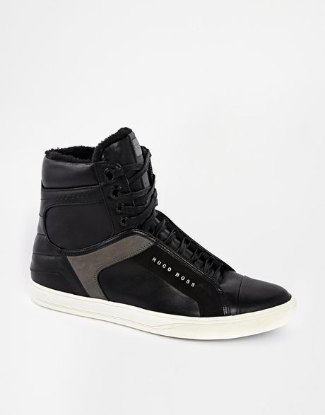 Hugo Boss Boss Green Attitube Shearling Look Hi Top Trainers in Black ...