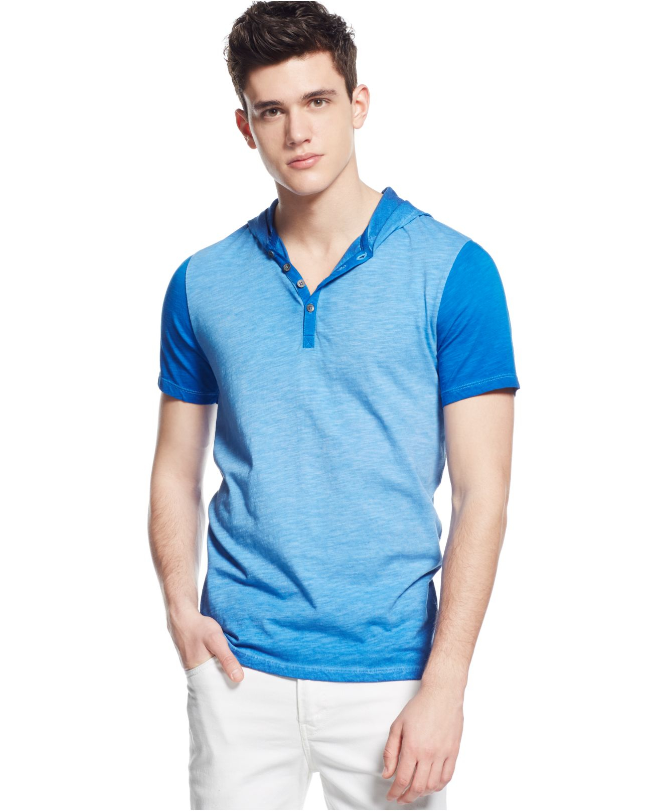 Lyst - Guess Becklin Hooded Henley T-shirt in Blue for Men