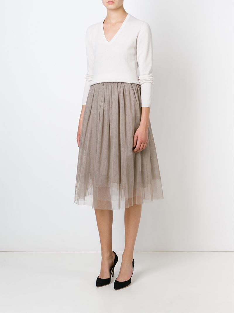 Lyst - Brunello Cucinelli Pleated Tulle Midi Skirt in Brown