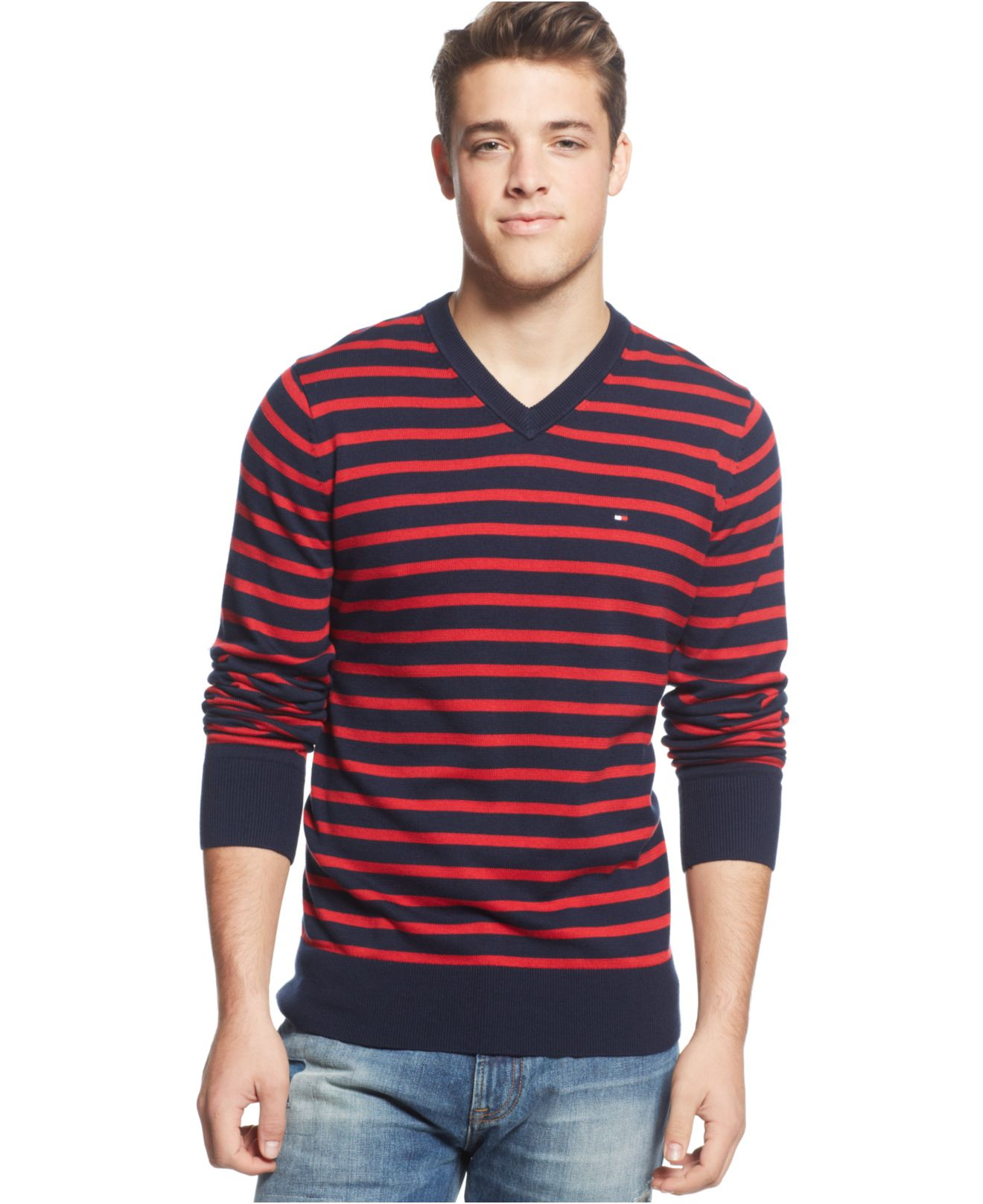 Tommy hilfiger Signature Striped V-Neck Sweater in Red for Men | Lyst