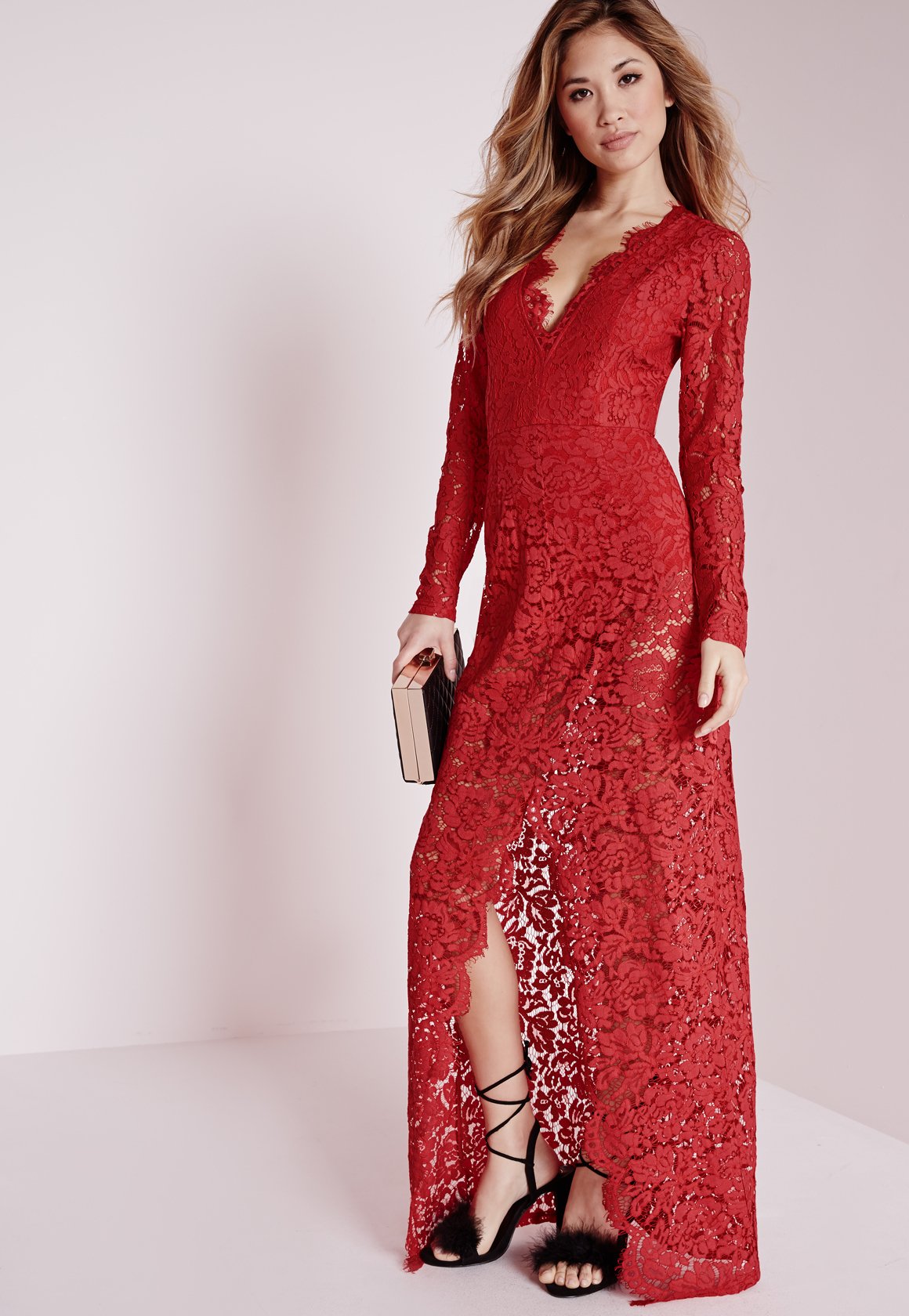 Lyst Missguided Plunge Lace Maxi Dress Red in Red