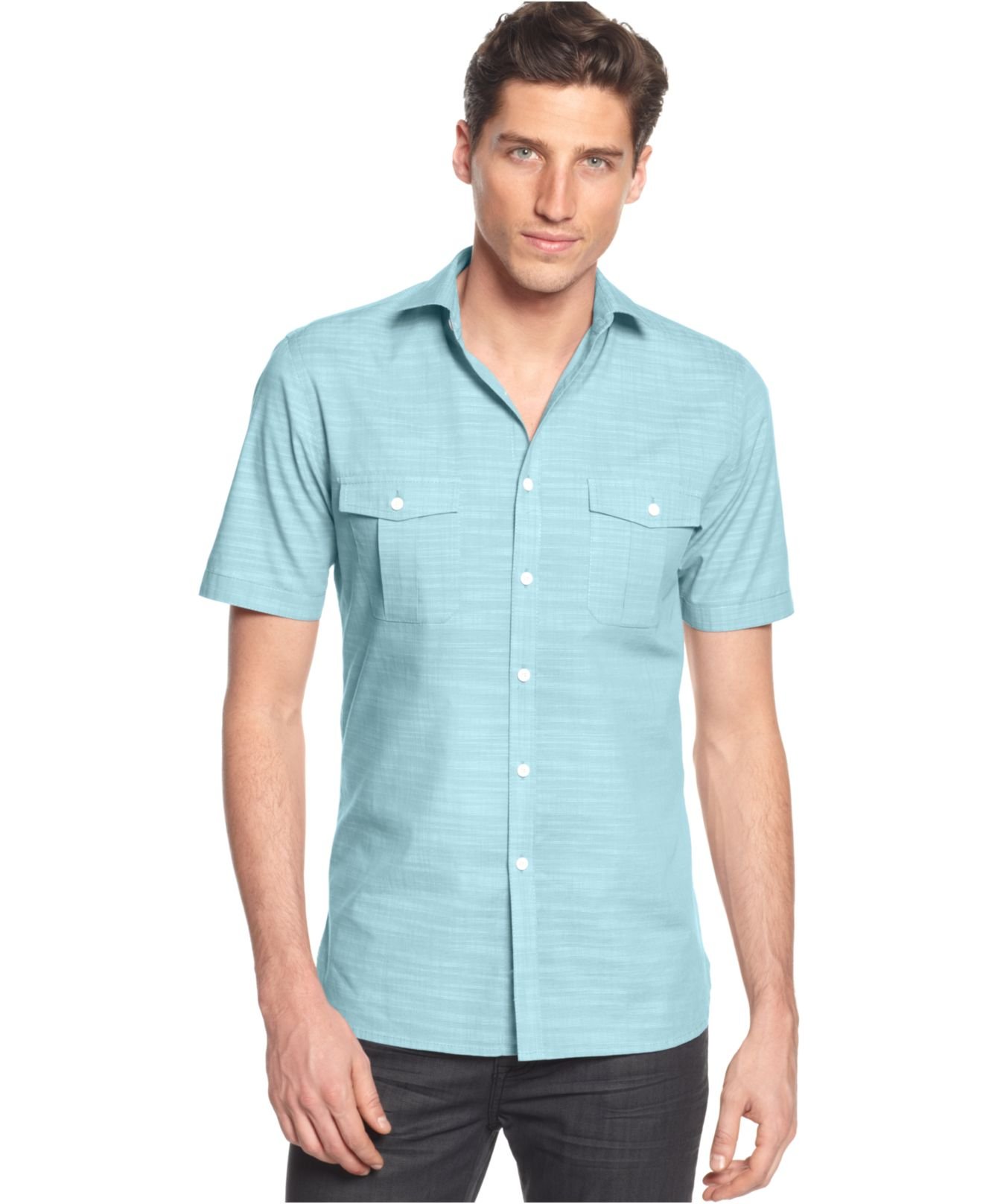 Alfani Short Sleeve Warren Textured Shirt in Blue for Men (Sea Coast ...
