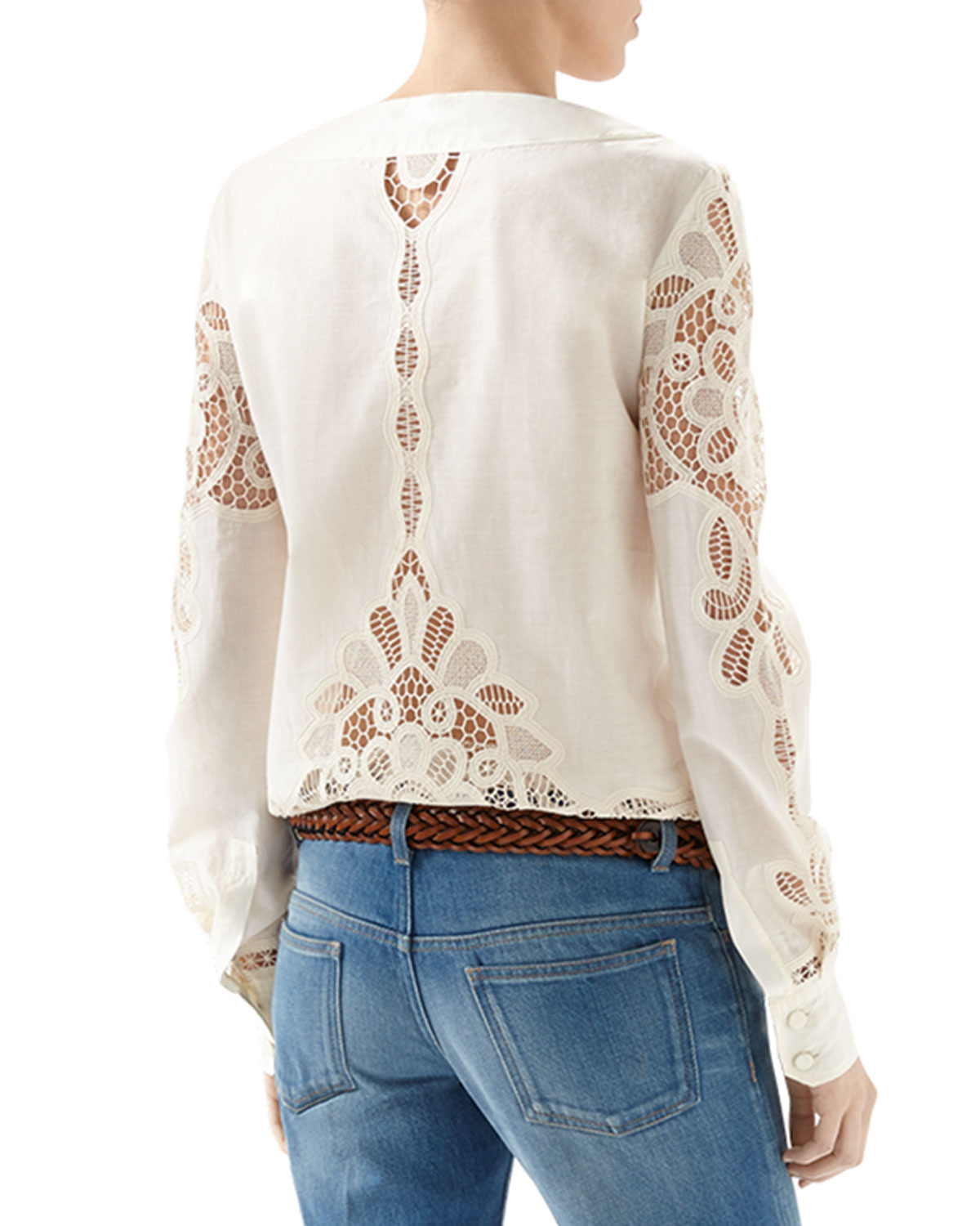 Gucci Broderie Anglaise Cotton Muslin Lace-Up Shirt in White | Lyst