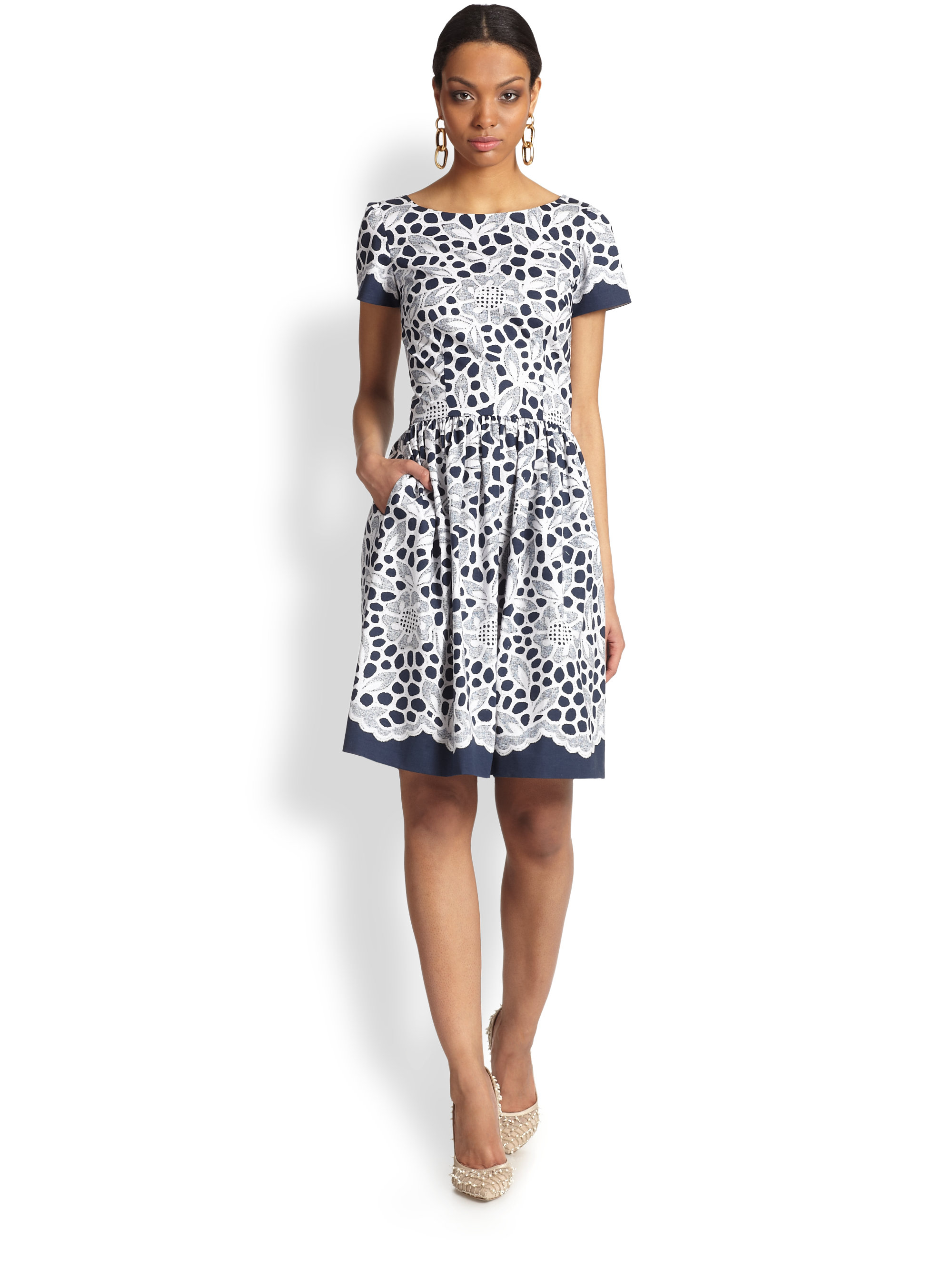 Lyst - Oscar De La Renta Lace Print Dress in Blue