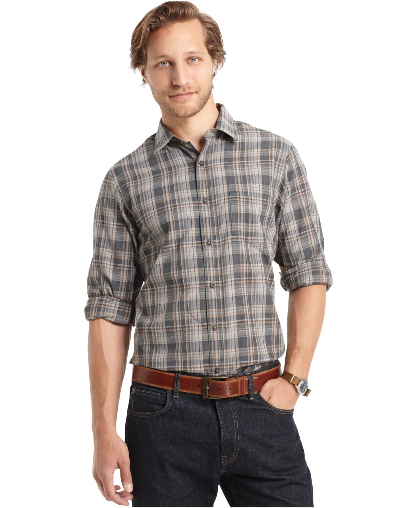 G.h. bass & co. Long Sleeve Plaid Textured Shirt in Gray for Men | Lyst