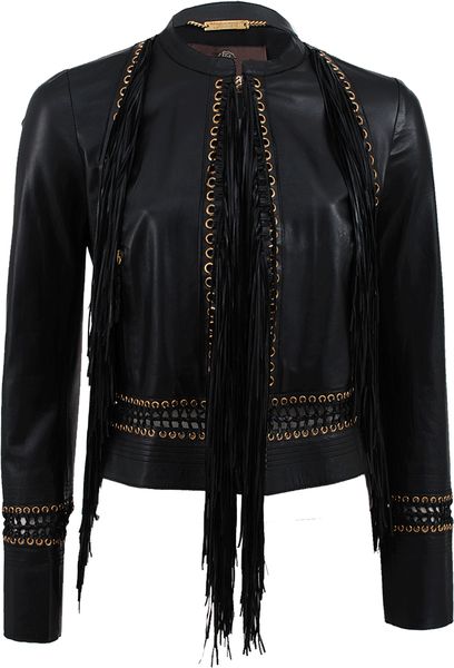 Roberto Cavalli Long Sleeve Fringe Leather Jacket in Black | Lyst