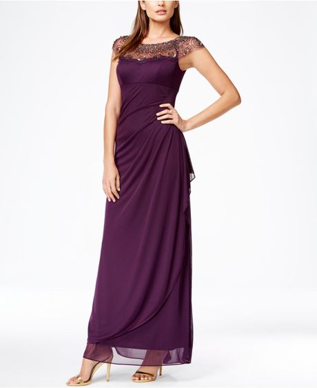 Xscape Cap-sleeve Illusion Beaded Gown in Purple (Plum/Antique)