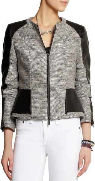 Karl Lagerfeld Metallic Tweed and Faux Leather Peplum Jacket in Gray | Lyst