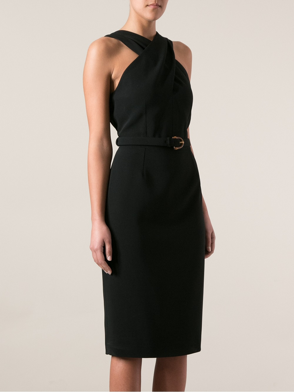 Lyst Gucci Belted Waist Dress in Black